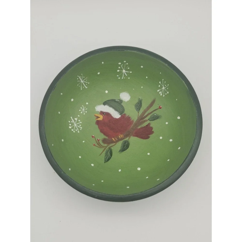 Wooden Bowl Hand Painted Christmas Cardinal Bird Santa Hat 6